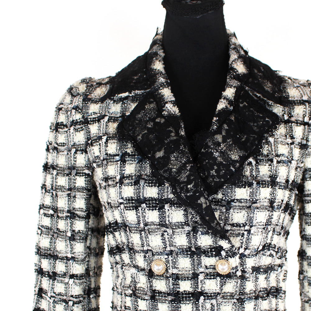 LoveShackFancy Lace Black Plaid Patrick Blazer 2 NEW Cropped Ivory Tweed Jacket - Picture 4 of 9
